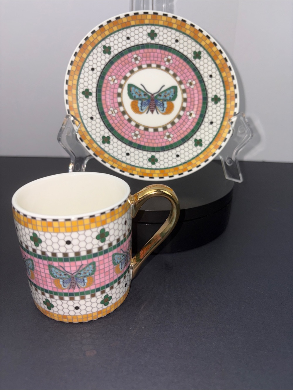 Anthropologie Bistro Garden Tile Butterfly Mosaic Cup & Saucer Set